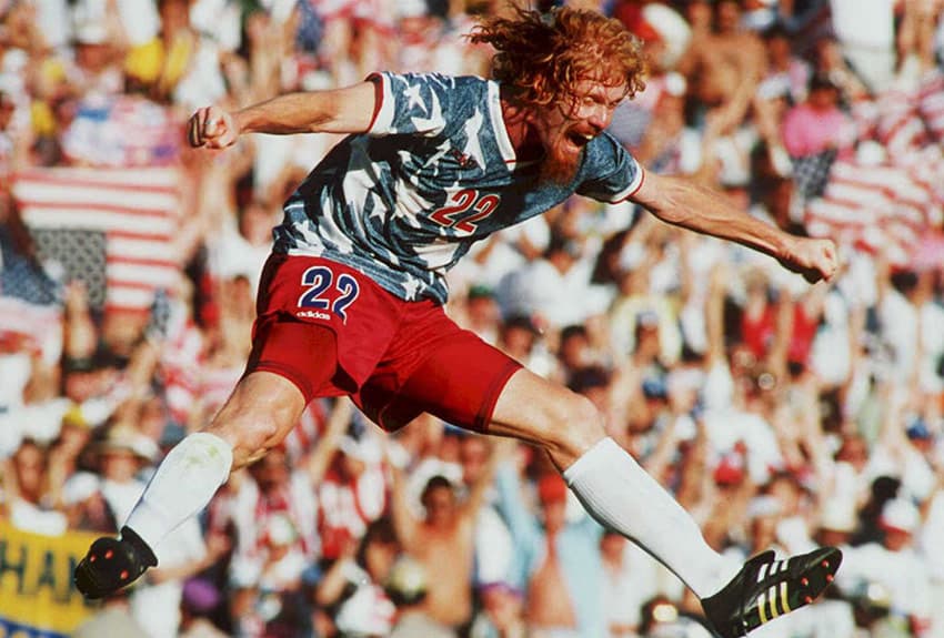 lalas celebrates in the 94 usa jersey